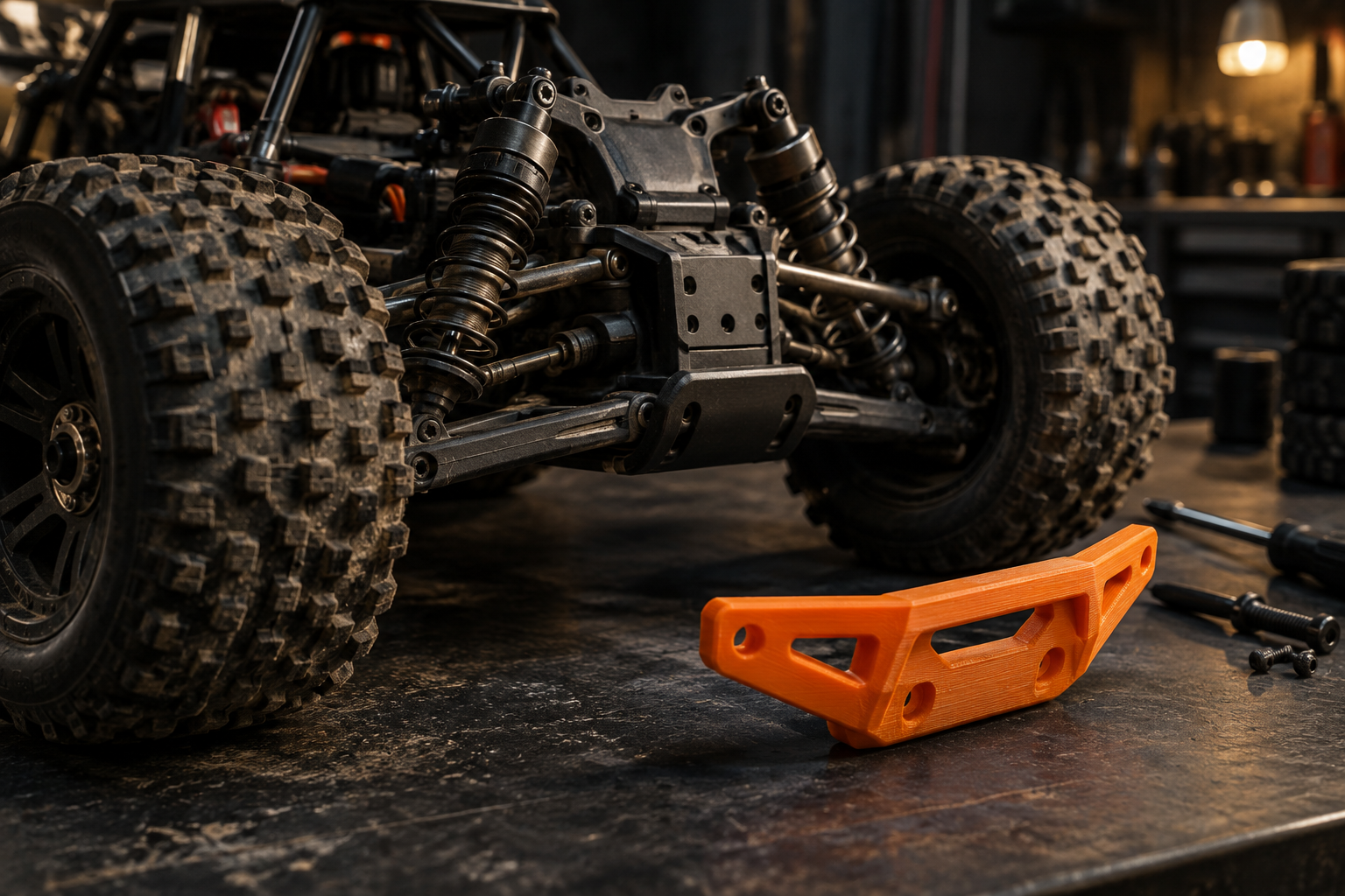 Concept image of an RC buggy and an orange printed part on a workshop bench